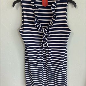 Tracy Negoshian Navy and White Striped Midi Dress